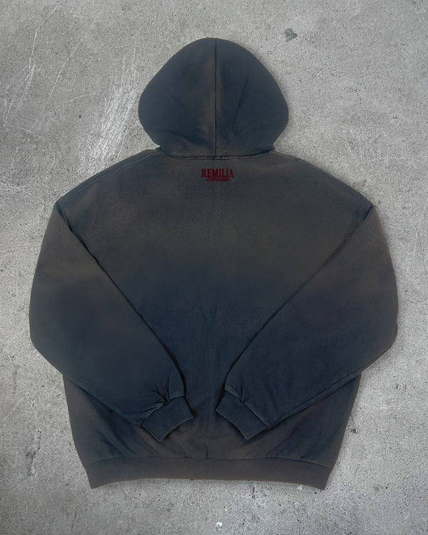 Back view of I'M NOT CUTE I'M ABUSIVE — Zip Hoodie | Heavyweight French Terry in faded black