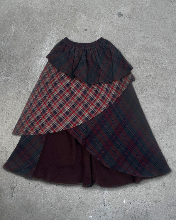 Front view of SCHIZO TARTAN SKIRT — Asymmetrical Layered Skirt | Washed Cotton in red tartan