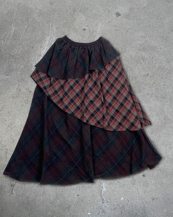 Back view of SCHIZO TARTAN SKIRT — Asymmetrical Layered Skirt | Washed Cotton in red tartan