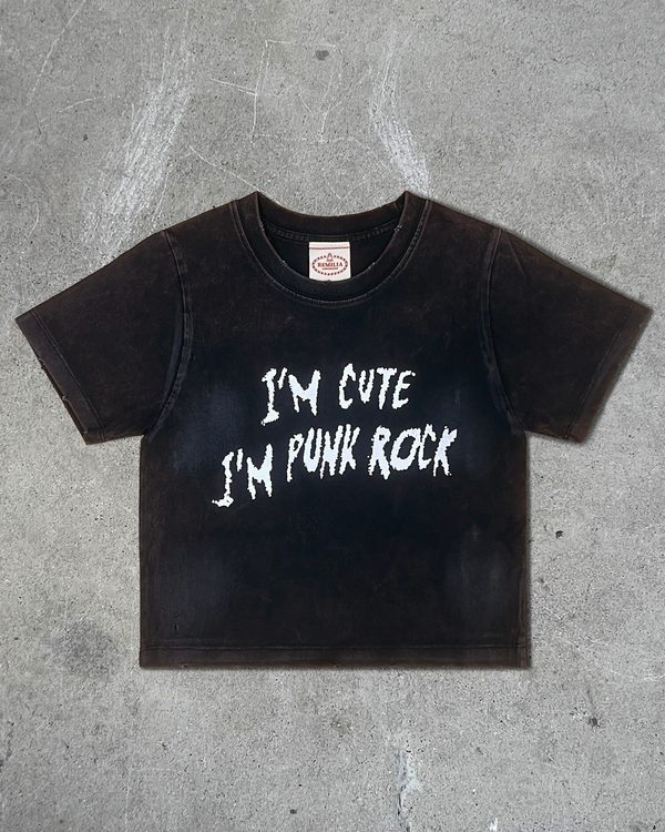 Front view of I'M CUTE I'M PUNK ROCK — Crop T-Shirt | Heavyweight Cotton in distressed black