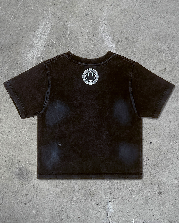 Back view of I'M CUTE I'M PUNK ROCK — Crop T-Shirt | Heavyweight Cotton in distressed black