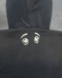 Detail view of back logo on HIKIKKOMORI CONDITION — Hoodie | Heavyweight French Terry in faded black