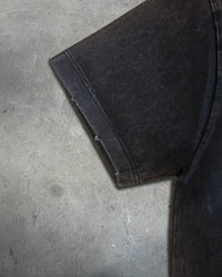 Detail view of sleeve hem distressing on I'M CUTE I'M PUNK ROCK — Crop T-Shirt | Heavyweight Cotton in distressed black